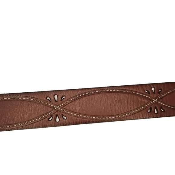 Eddie Bauer Brown Leather Belt Cutouts Stitching Brass Buckle Size Medium - Picture 4 of 13